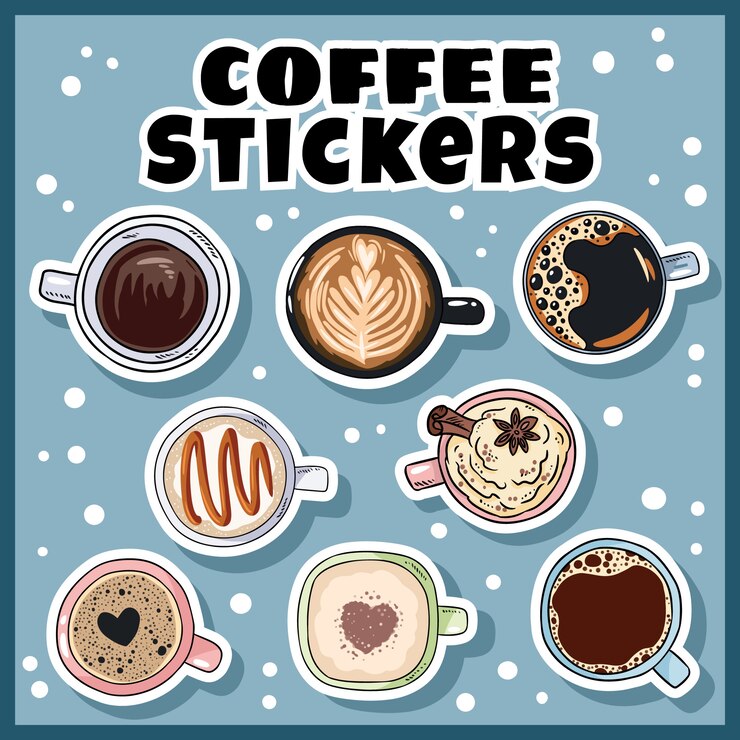 一杯のコーヒーセットステッカー。手描き漫画スタイルのコーヒードリンク