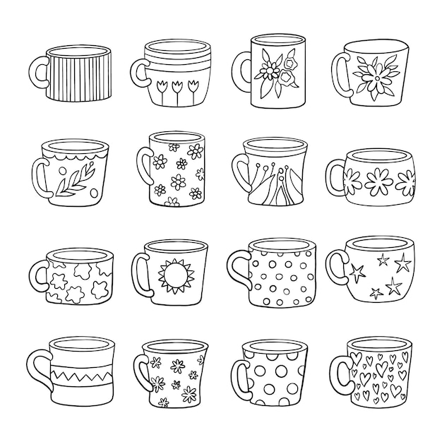 Vector cups and mugs in doodle line art