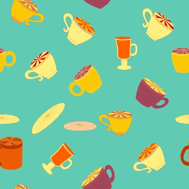 Vector cups and saucers bright seamless pattern tea tea shop coffee wallpaper wrapping paper