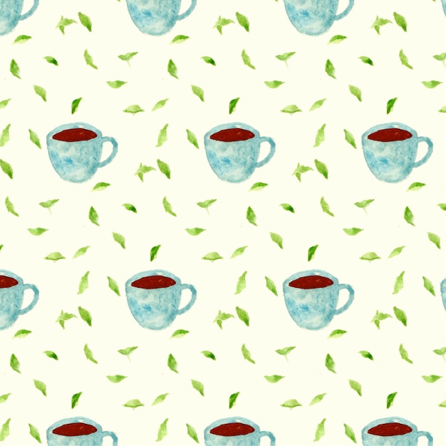 Vector cups of tea and leaves pattern made with watercolors