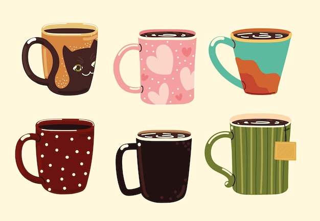 Vector cups with hot beverages