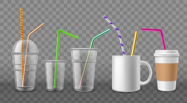 Cups with straws Realistic disposable mugs 3D ceramic and cardboard utensil with color metal or plastic beverage tubes Isolated drinking bar devices mockup Vector coffee or cocktail tableware set