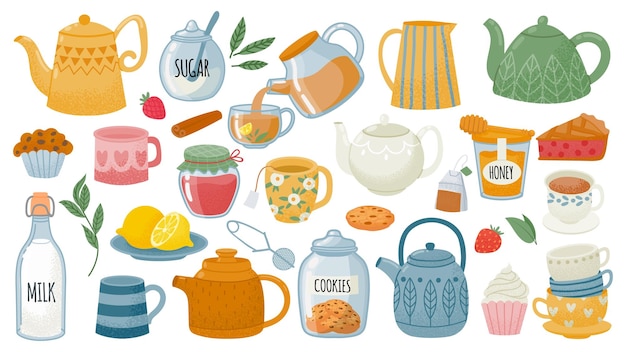 Cups with tea mugs desserts sweets pastry and ceramic teapots Breakfast leaf drink Kettle pouring hot beverage Tea party vector set Jar with cookies plate with lemons and bottle with milk