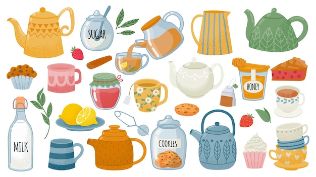 Vector cups with tea mugs desserts sweets pastry and ceramic teapots breakfast leaf drink kettle pouring hot beverage tea party vector set jar with cookies plate with lemons and bottle with milk