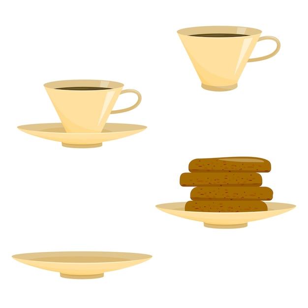 Vector cups with tea plate with cookies set