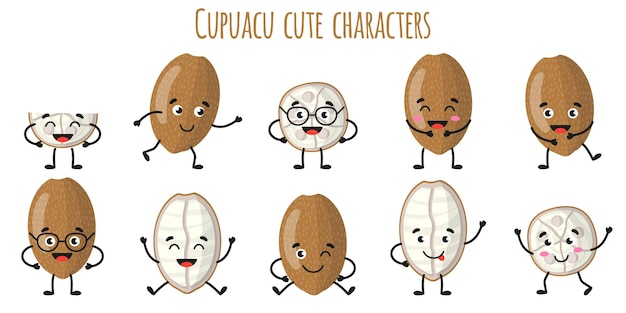 Cupuacu fruit cute funny cheerful characters with different poses and emotions. Natural vitamin antioxidant detox food collection.   cartoon isolated illustration.