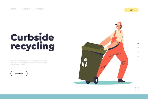 Vector curbside recycling concept of landing page with janitor worker push litter bin waste container