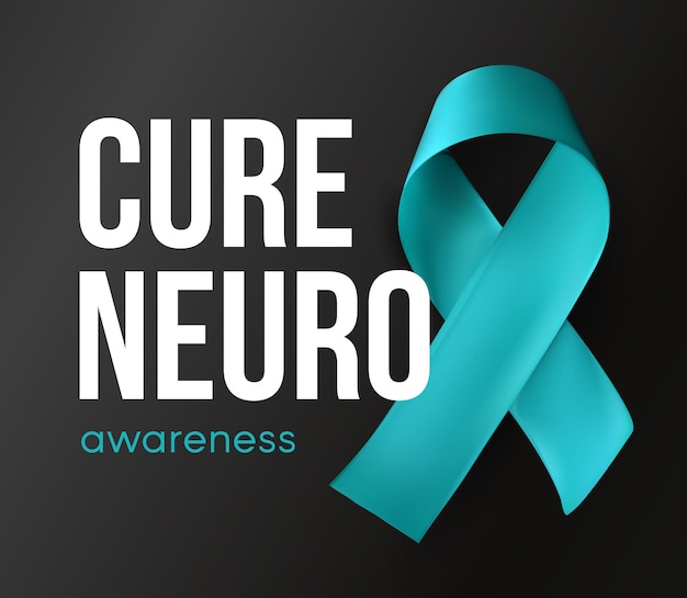 Cure neuro symbool bewustzijn abstract turquoise lint op zwarte achtergrond met tekst vector