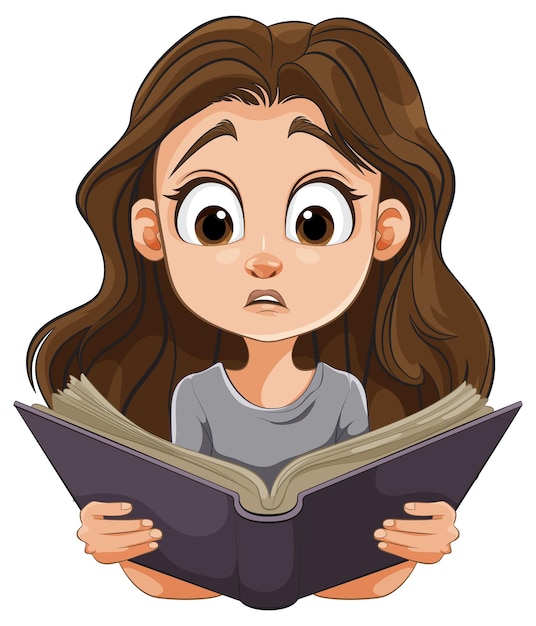 Vector curious girl reading a big book