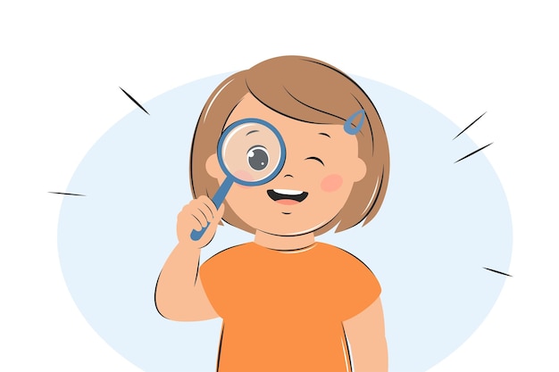 Vector curious kid girl look in magnifying glass. smart child using magnifier for learning, study.