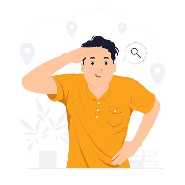 Vector curious man looking far away with hand over head trying to see something bad vision searching holding palm on forehead and gasping surprised and amazed concept illustration