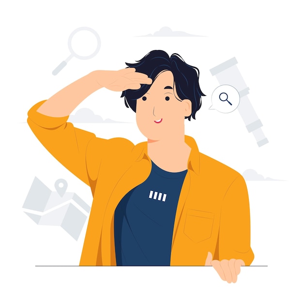 Vector curious man looking far away with hand over head trying to see something bad vision searching holding palm on forehead and gasping surprised and amazed concept illustration