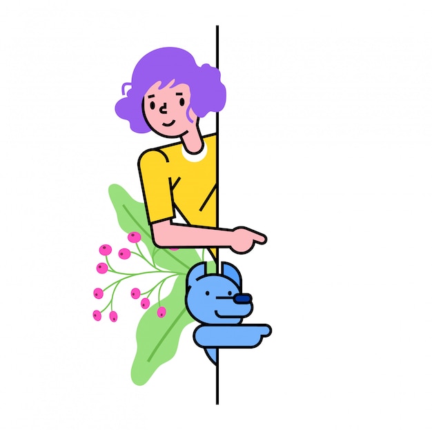 Vector curious peeping woman character, points arm left side text place, female indicate  on white,   illustration. concept cute cheerful girl.