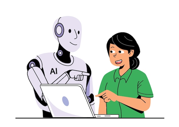 友好的で協力的な環境でラップトップを一緒に探索するAIロボットと関わる好奇心のある女性