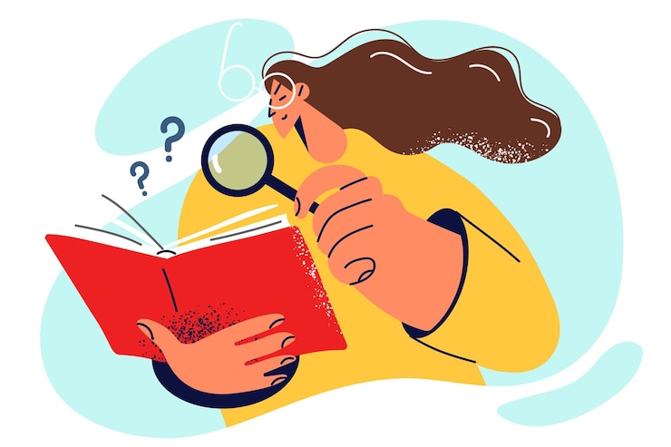 Vector curious woman student with magnifying glass studies literature and books in library