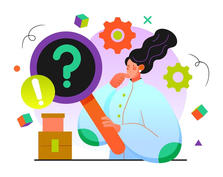 Vector curious woman with magnifying glass and puzzle symbols