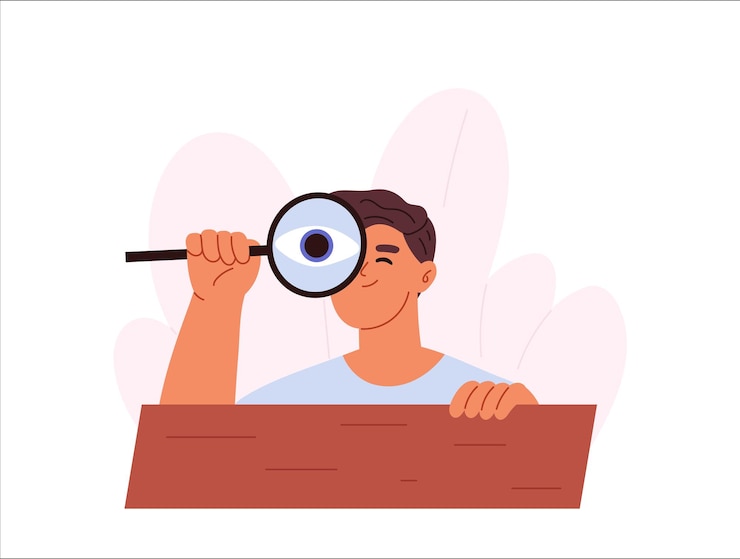 Vector curious young man spying observing sneaking boy peeping look through magnifying glass hiding