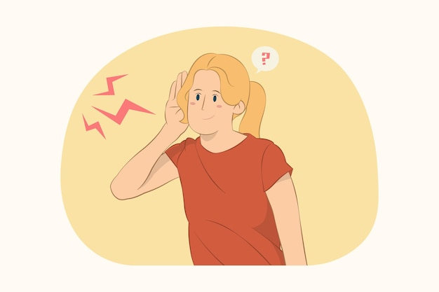 Vettore la giovane donna curiosa prova a sentire qualcuno che ascolta intensamente con la mano vicino al concetto dell'orecchio
