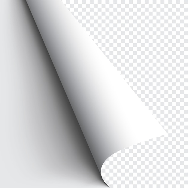 Curled corner of paper on transparent background with soft shadows, realistic paper page mock up.