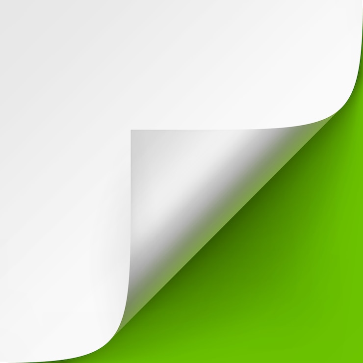 Vector  curled corner of white paper with shadow  close up  on bright green background