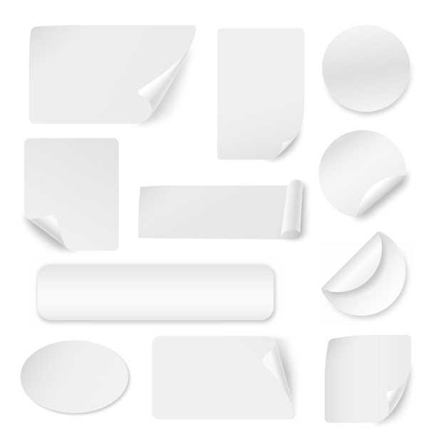 Adesivi con angoli arricciati banner adesivi bianchi mockup di etichette adesive bordo arricciato cerchio quadrato foglio di carta tag negozio o set vettoriale esatto pagina vuota