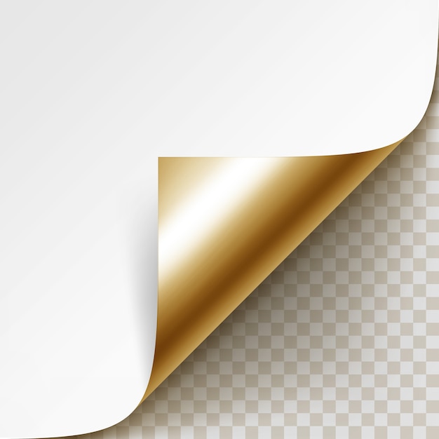 Vector curled golden corner of white paper with shadow   close up isolated on transparent background