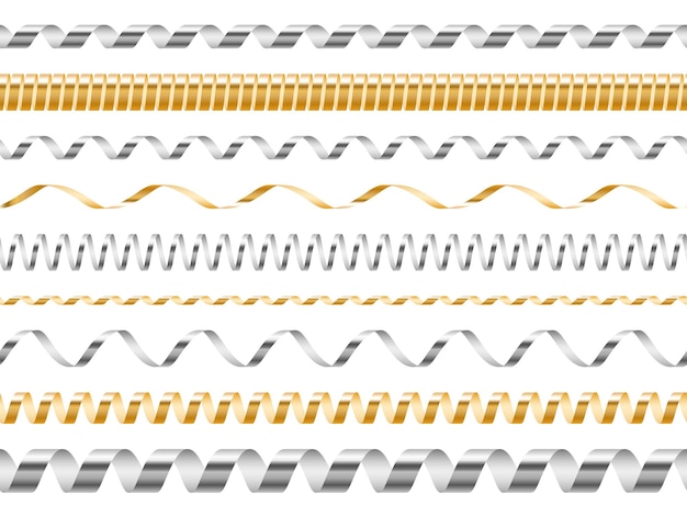 Vettore nastri senza cuciture riccioli confini serpentini di fogli di metallo realistici feste brillanti strisce di ornamenti festa di compleanno decorazione luccicante set vettoriale di spirali di metallo dorato e argento