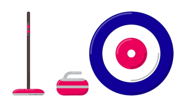 Curling equipment. Vector set of the curling stone, broom and target. Winter sport.