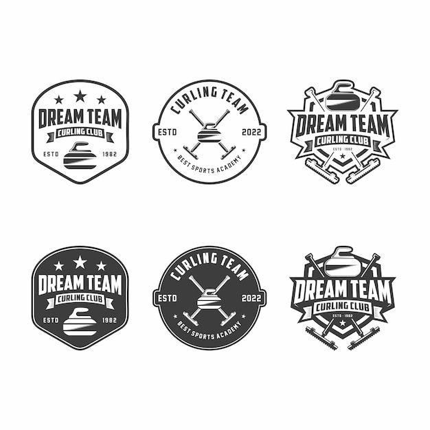 Le collezioni di emblemi del logo di curling progettano modelli su uno sfondo chiaro