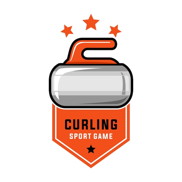 Curling sport badge vector template. sport graphic illustration with ribbon style.