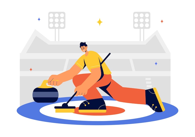 Vector curling sport vector illustration featuring a team playing the game with rocks and brooms on a rectangular ice rink in a championship in a background