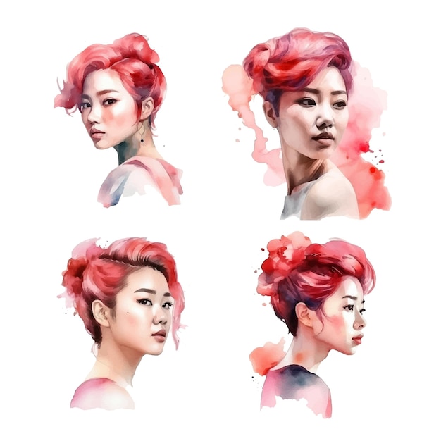 Vector curls female hairstyle watercolor paint collection