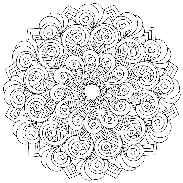 Curls and hearts in contour mandala anti stress coloring page with zen patterns