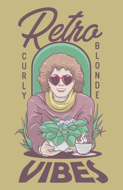 Vector curly blonde woman character met retro vibes