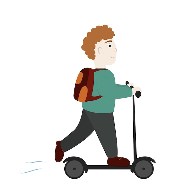 Curly boy with a red backpack rides a scooter Flat style Vector illustration