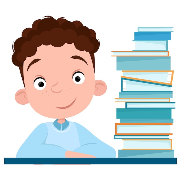 Vector curly cute boy pupil smiling and book side view