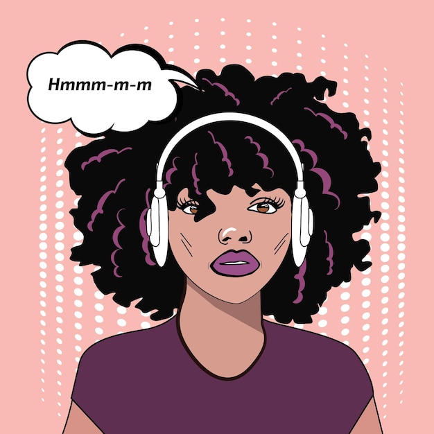 Vector curly girl in headphones and thoughts in pop art style