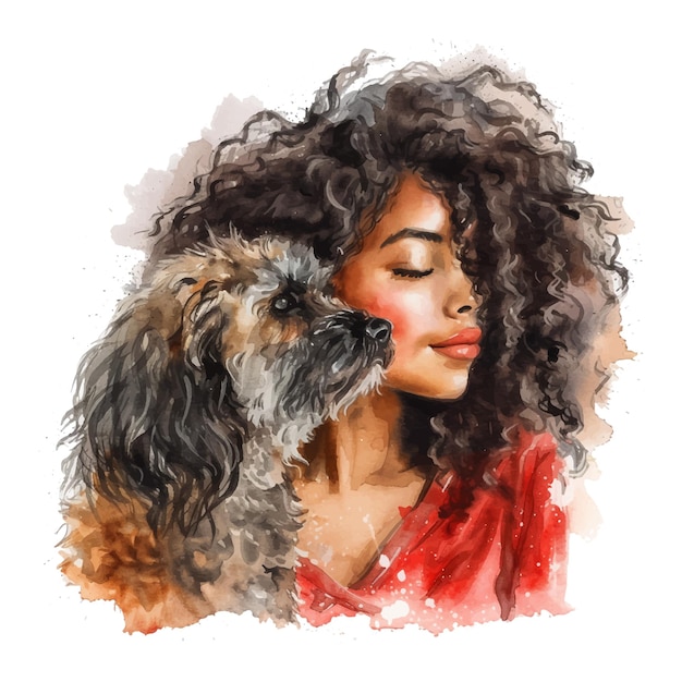 Vector curly girl with her curly dog watercolor paint