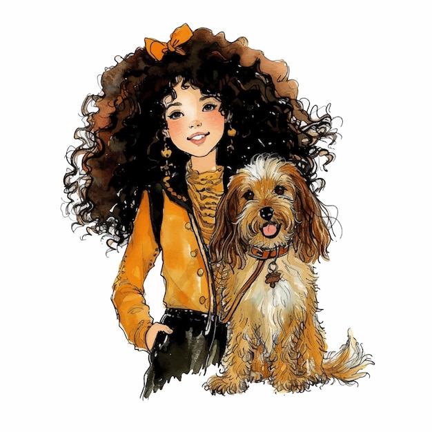 Curly girl with her curly dog watercolor paint