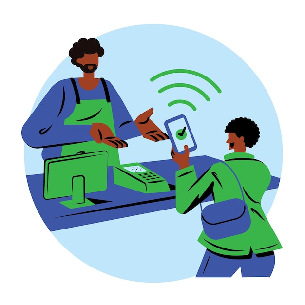 Vector curly hair african american people tap to pay technology in cafe flat illustration