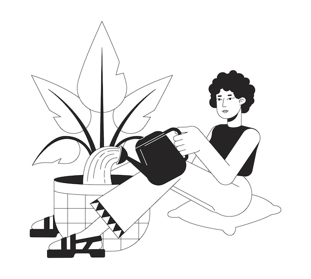 Curly hair woman watering house plant flat line black white vector character