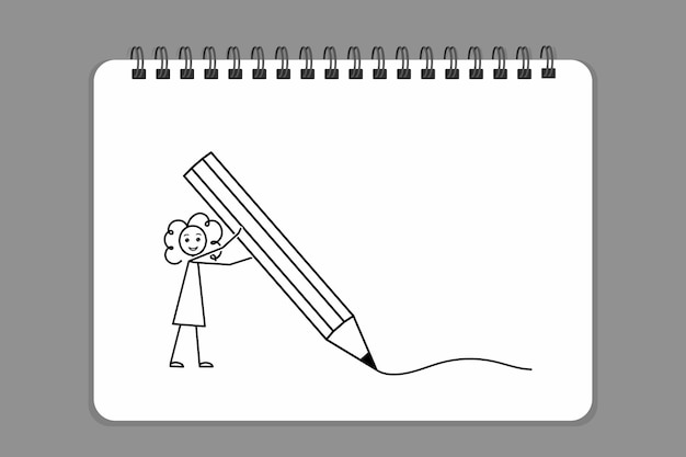 Кудрявая маленькая девочка пишет гигантским карандашом обратно в школу, черная линия, векторная иллюстрация, стиль каракулей, простой набросок на горизонтальной спиральной странице альбома