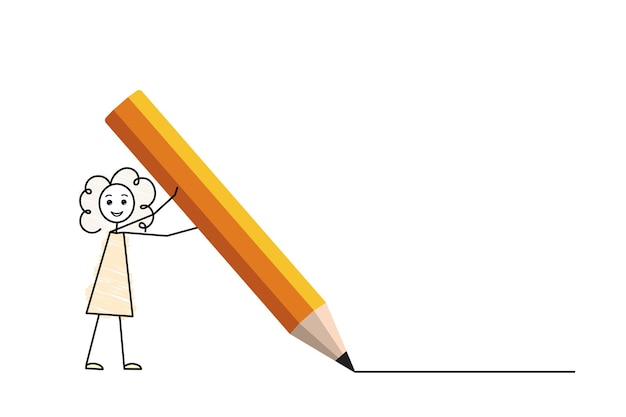 curly little girl writing with a giant pencil back to school vector illustration doodle style simple sketch