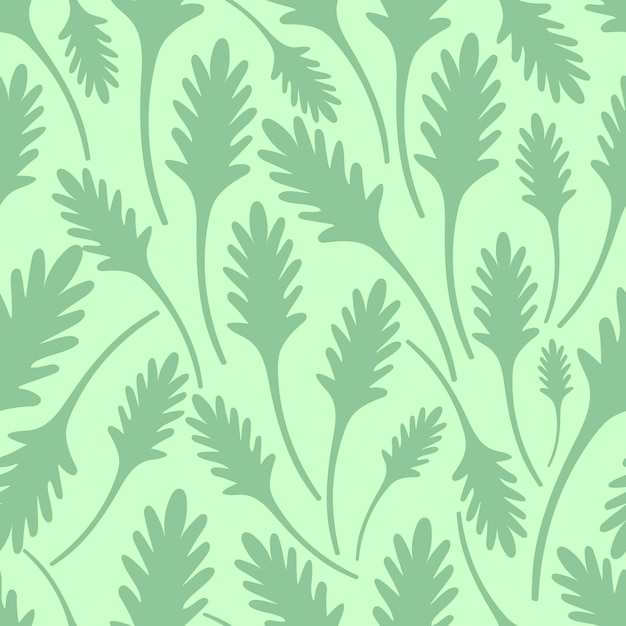 Curly plant leaves seamless pattern on a green background