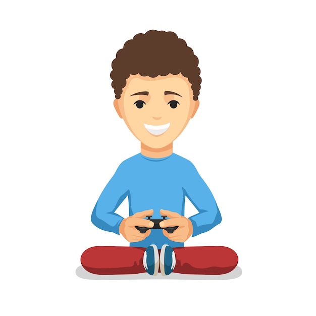 Vector curly teenager boy with game controller gamepad isolated on the white background.