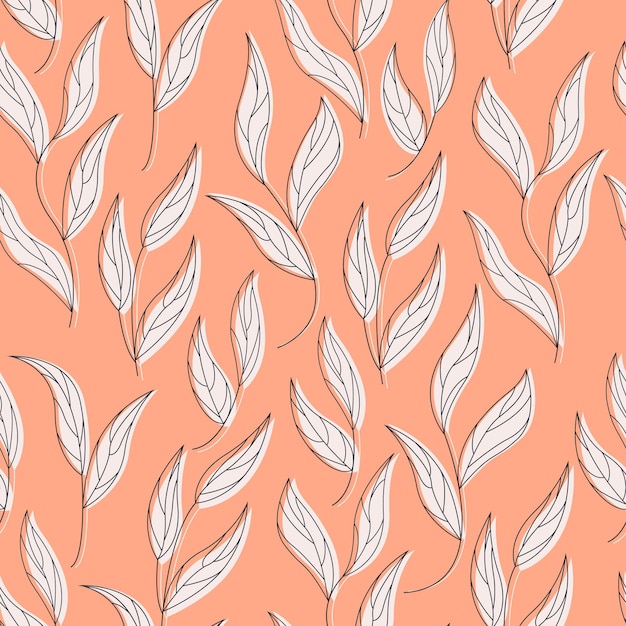 Curly white leaves with thin outline seamless pattern