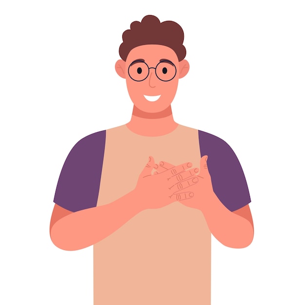 Vector curly young man in glasses expresses his positive feeling to people keep hands on chest or heart vector illustration