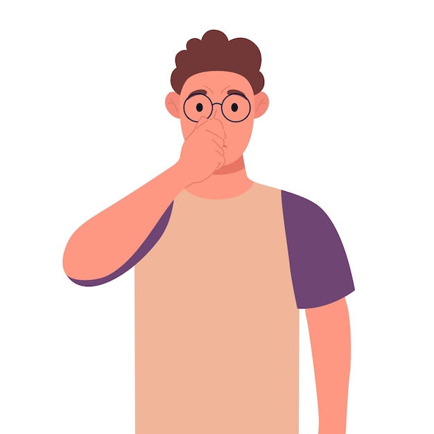 Curly young man in glasses holding fingers on nose Vector illustration