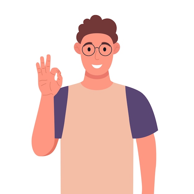 Vector curly young man in glasses showing ok gesture the happy man expresses his positive emotions vector illustration