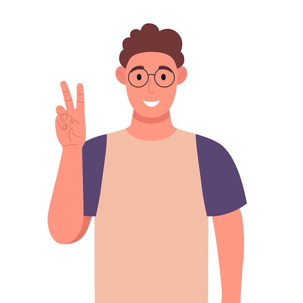 Curly young man in glasses shows victory gesture A sign of success and peace Vector illustration